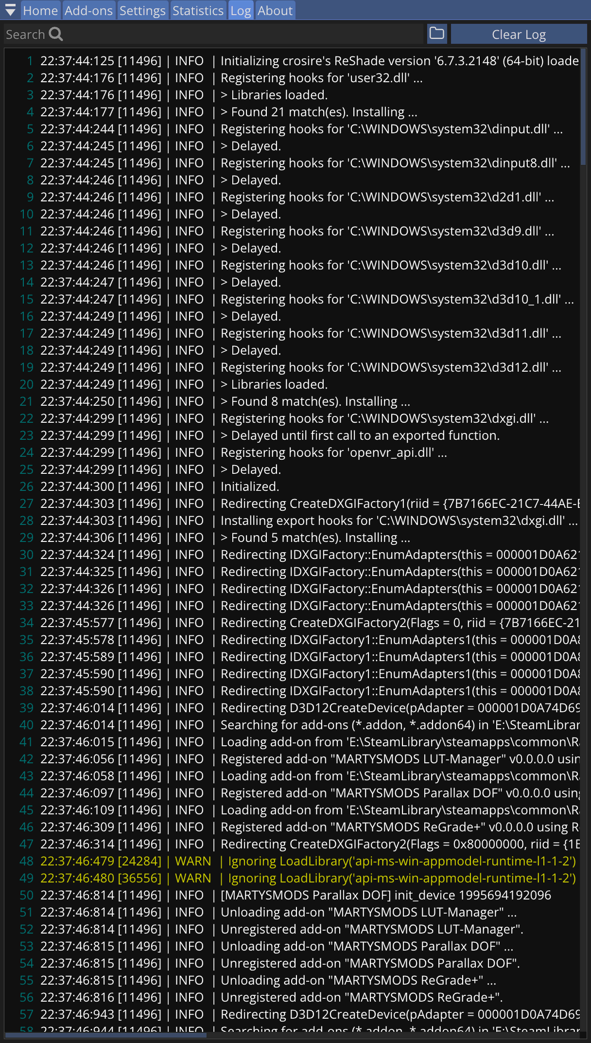 ReShade Log Tab